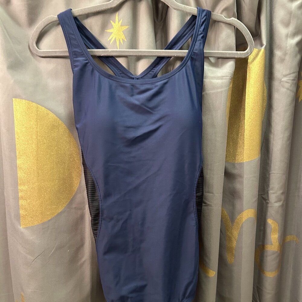 Speedo Racerback Swimsuit – Size 10 – NWT Navy Blue Mesh Panel Sides UPF 50+